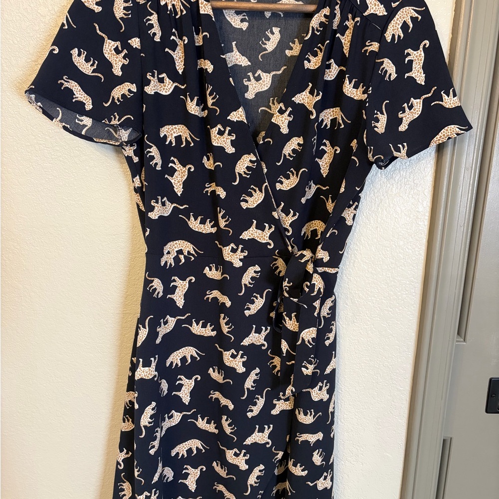 J. Crew Navy and Cream Animal Print Midi wrap Dress